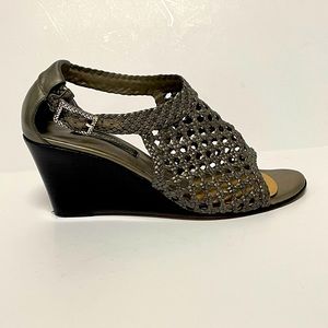 SOLD!! || BRIGHTON | PEWTER LEATHER OPEN-TOE CAGE BOOTIES, WEDGE HEEL, size 9